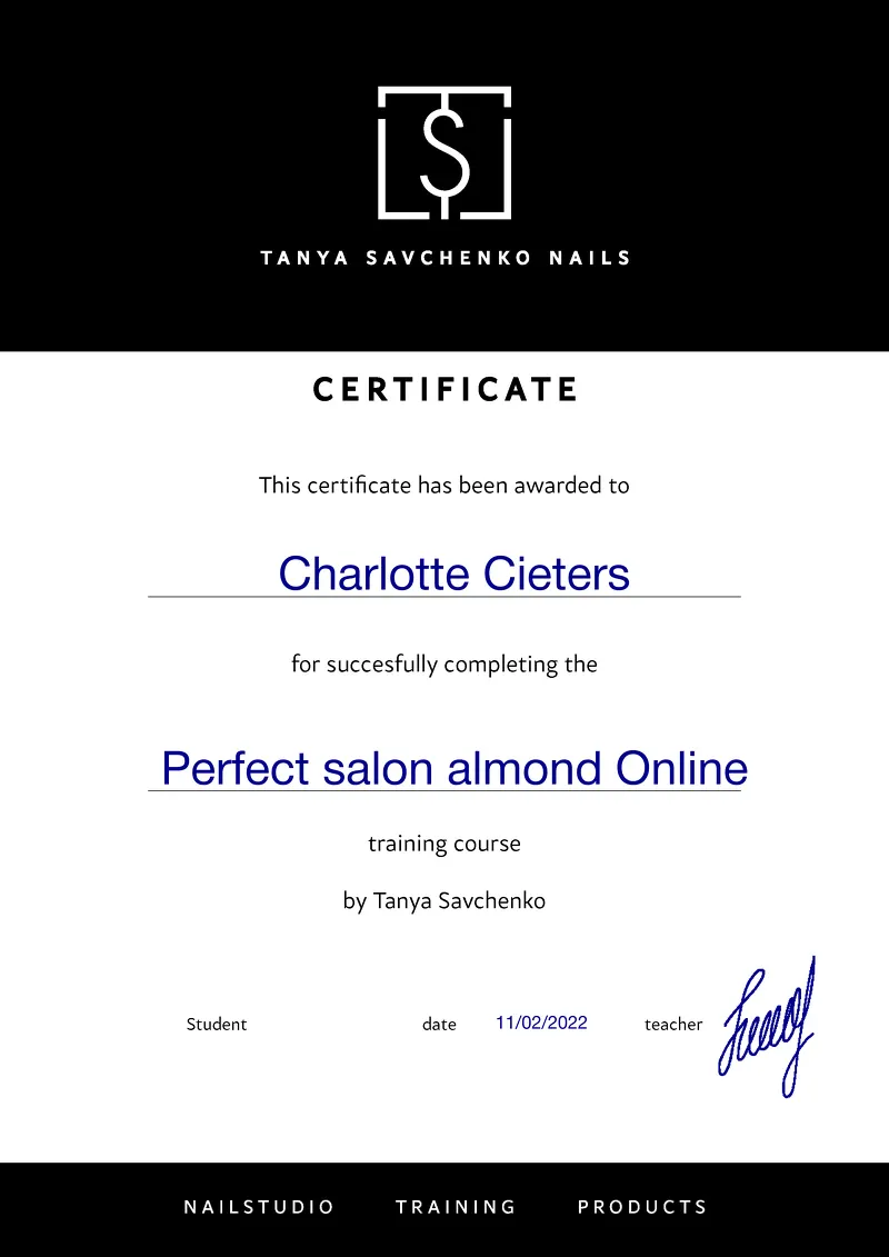 Certificaat Perfect Salon Almond Online – Tanya Savchenko