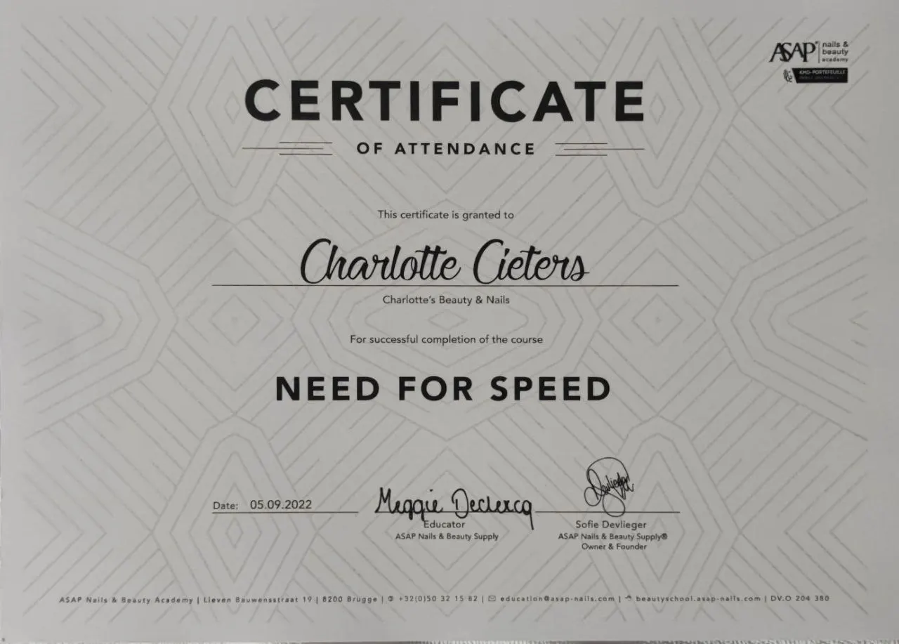 Certificaat Need for speed – ASAP Nails & Beauty