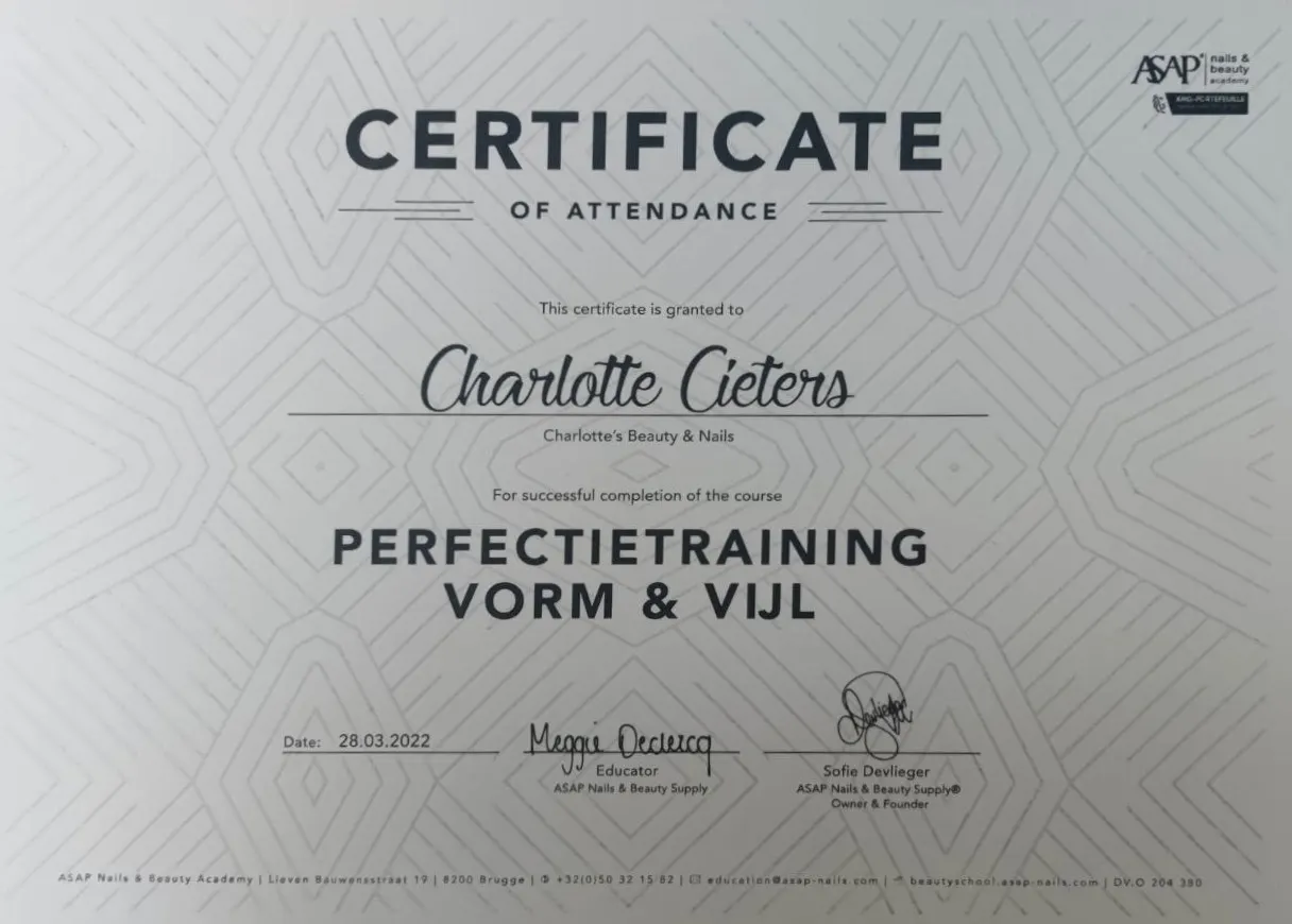 Certificaat Perfectietraining vorm en vijl – ASAP Nails & Beauty
