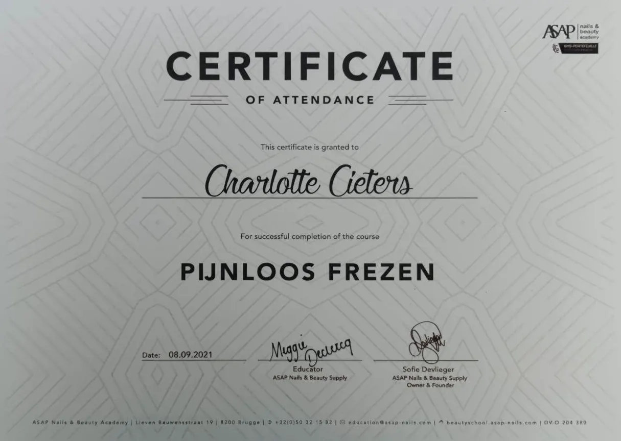 Certificaat Pijnloos frezen – ASAP Nails & Beauty
