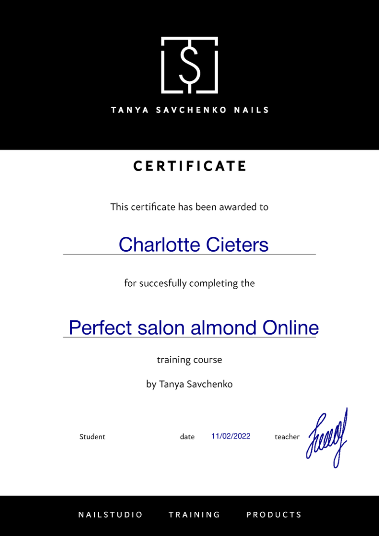 Certificaat-Perfect-Salon-Almond-Tanya-Savchenko-perfectie-training-nagels